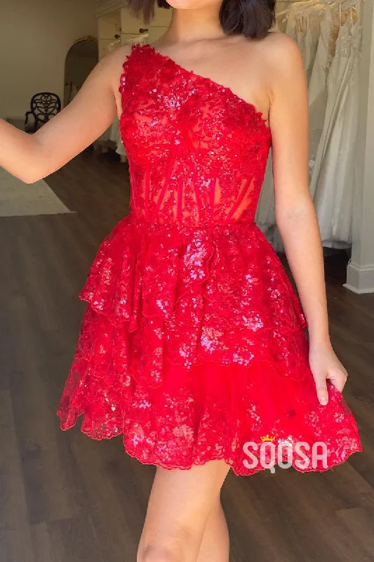 Price Break romantic dressSatin A-Line One Shoulder Lace Sequined Party/Homecoming Dress QS2549
