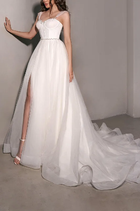 Low Prices luxury dressA Line Sweetheart Beads Tulle Simple Wedding Dress QW2645