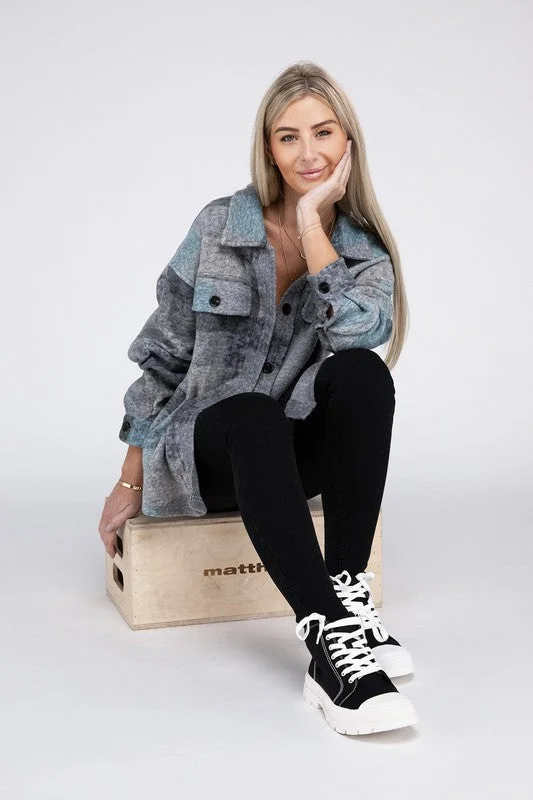 Fantastic Offers chic coatNuvi Apparel Grey Check Pocketed Shacket