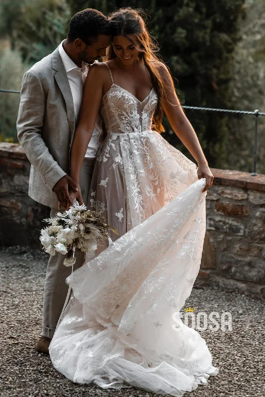 Fantastic Offers off-shoulder dressA-line Spaghetti Straps Tulle Appliques Bohemian Wedding Dress QW2690