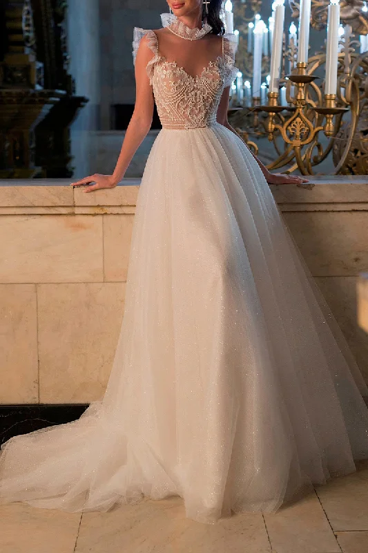 Hurry In formal dressA line Illusion Neckline Beads Sparkly Boho Wedding Dress QW2127