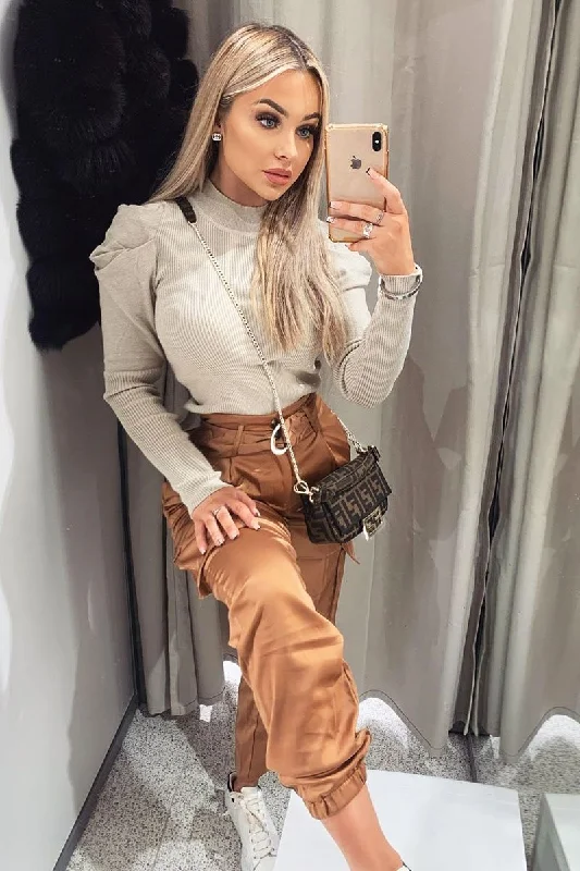 Buy Now pullover hoodie styleBeige Pleated Shoulder High Neck Jumper - Carmela