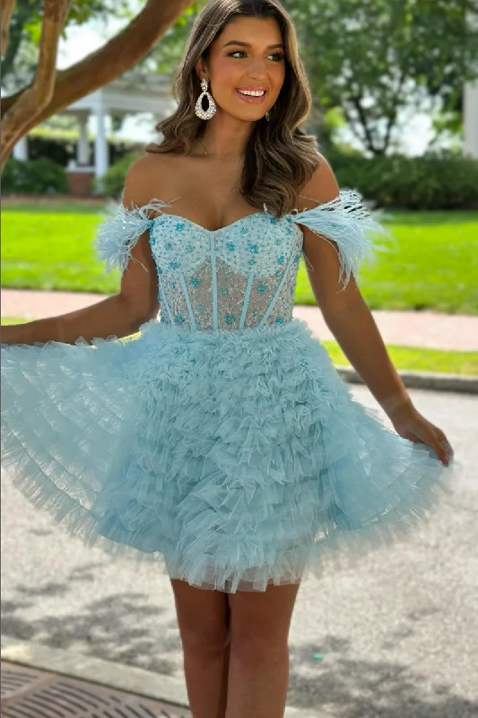 Low Prices flowy dressA line Sweetheart Tulle Ruffles Cute Short Homeocming Dress QH2467