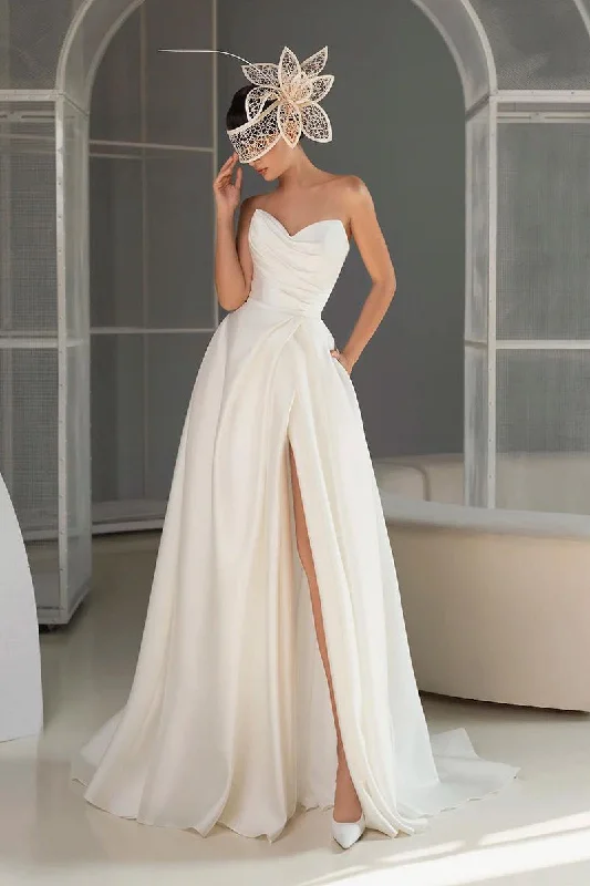 Deal Dash structured dressA Line Sweetheart Satin Pleats Simple Wedding Dress with Pockets QW0848