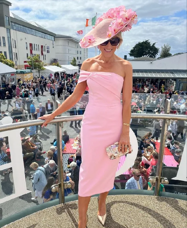 Clearance Event oversized dressPink Classy midi dress with open neckline,short pink prom dress Y2857