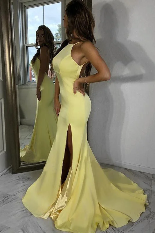 Exclusive Access Sexy Halter Light Yellow Backless Side Slit Mermaid Long Evening Prom Dress GJS280
