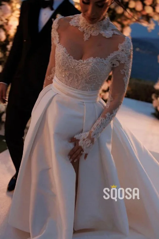 Weekend Special elegant shift dressA-Line Applique Illusion Satin High Neck Waist Wedding Dress Bridal Gown QW8020 Weekend Special elegant shift dressA-Line Applique Illusion Satin High Neck Waist Wedding Dress Bridal Gown QW8020