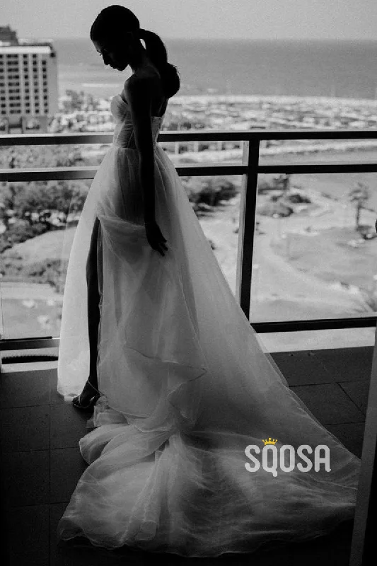Fantastic Offers pleated dressA-line Sweetheart Tulle Wedding Dress High Split Bridal Gown QW2704