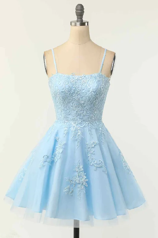 Limited Time Discount high-waisted dressLight Blue A-line Spaghetti Straps Lace-Up Back Applique Mini Homecoming Dress