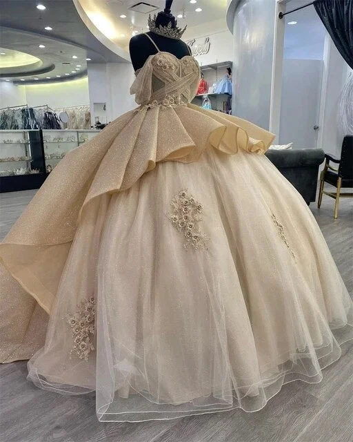 Deal of the Day floral dressSparkly Champagne Princess Ball Gown Quinceanera Dresses Elegant Straps Appliques Sweet 16 Dress Y4150