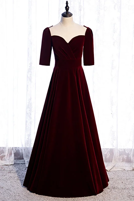 Special Savings wool dressBurgundy Sweetheart Sleeves Pleated Velvet Lace-Up Maxi Formal Dress