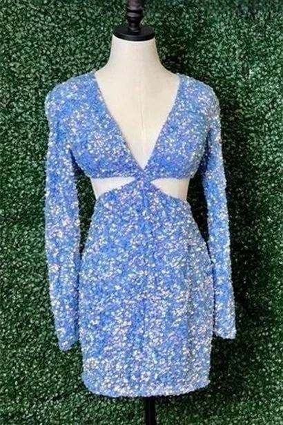 Deal Dash velvet dressSky Blue Deep V Long Sleeves Sheath Sequin Homecoming Dress