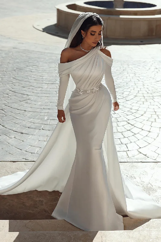 Anniversary Sale summer floral dressUnique One Shoulder Long Sleeves Satin Mermaid Wedding Dress QW0923