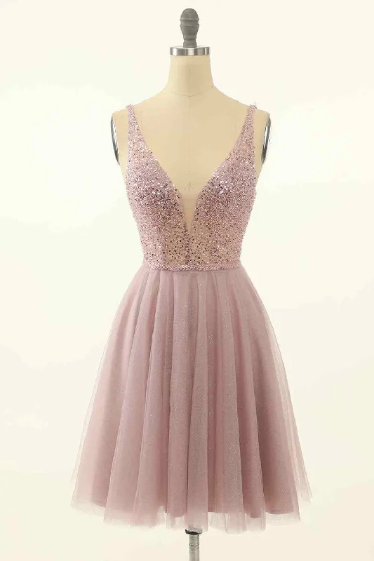 Quick Sale satin dressDusty Pink A-line V Neck Sequins Tulle Mini Homecoming Dress