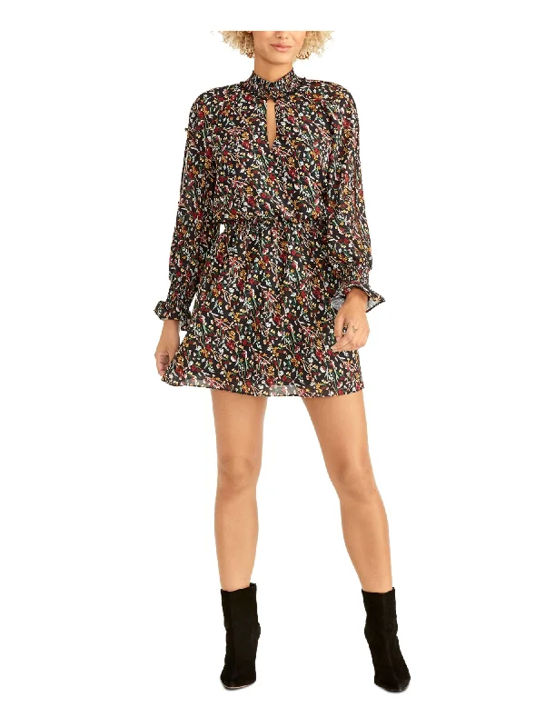Deal of the Week RACHEL RACHEL ROY Womens Black Ruched Ruffled Floral Long Sleeve Keyhole Mini Party Fit + Flare Dress