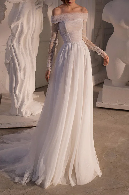 Lowest Price fitted dressA line Strapless Pearls Long Sleeves Beach Wedding Dress with Sweep Train QW2168