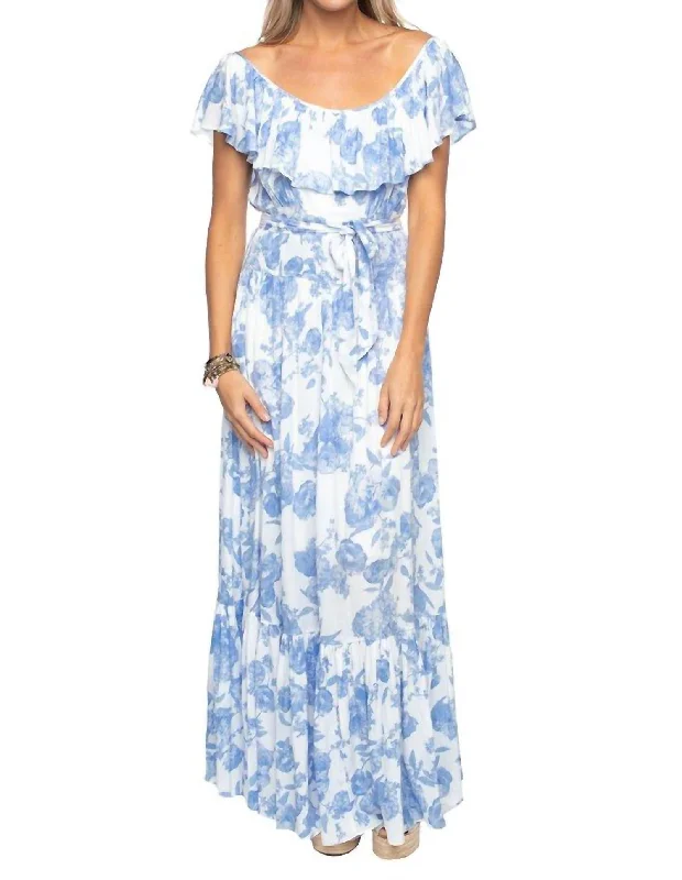 Early Bird Discount floral wrap dressHeather Tea Party Off Shoulder Dress in Blue Floral Print