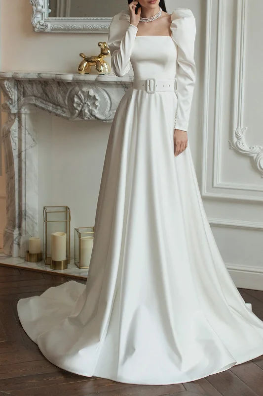 While Supplies Last satin dressA Line Square Long Sleeves Satin Vintage Wedding Dress with Court Train QW2290