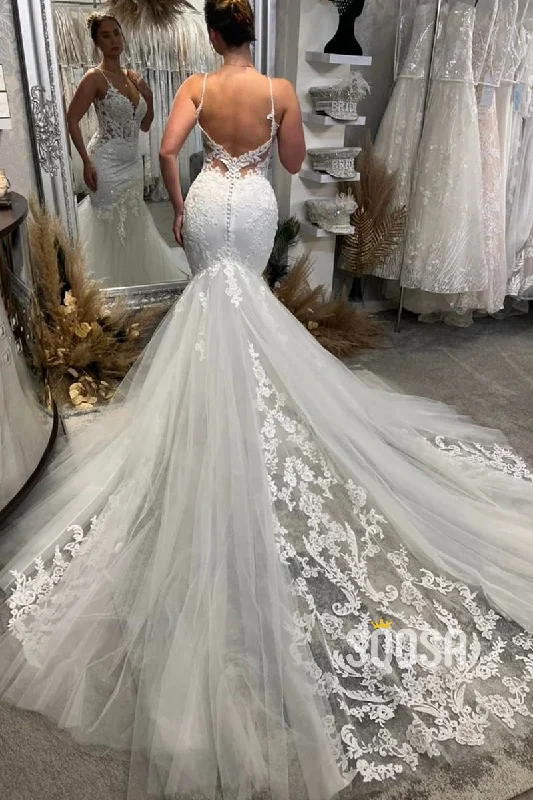 Hurry In elegant dressAttractive V-Neck Lace Appliques Mermaid Wedding Dress QW2568