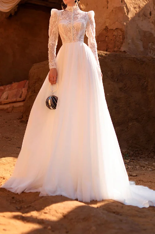 Markdown Madness cocktail party dressA line Muslim High Neck Lace Long Sleeves Vintage Wedding Dress QW0934