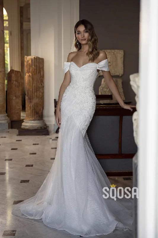 Deep Discounts satin dressMermaid Off-Shoulder Applique Bowknot Wedding Dress Bridal Gowns With Train QW8072