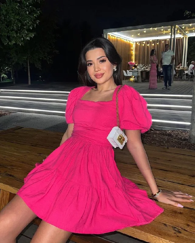 Price Cut evening dressVintage A-line Hot Pink Homecoming Dress with Puff Sleeves Y2680