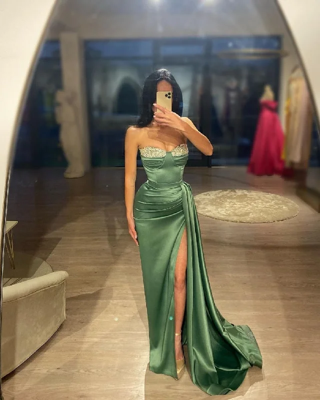 Referral Discount fitted bodycon dressSheath/Column Strapless Beaded Green Long Sleeves Prom Dress with Slit QP0865