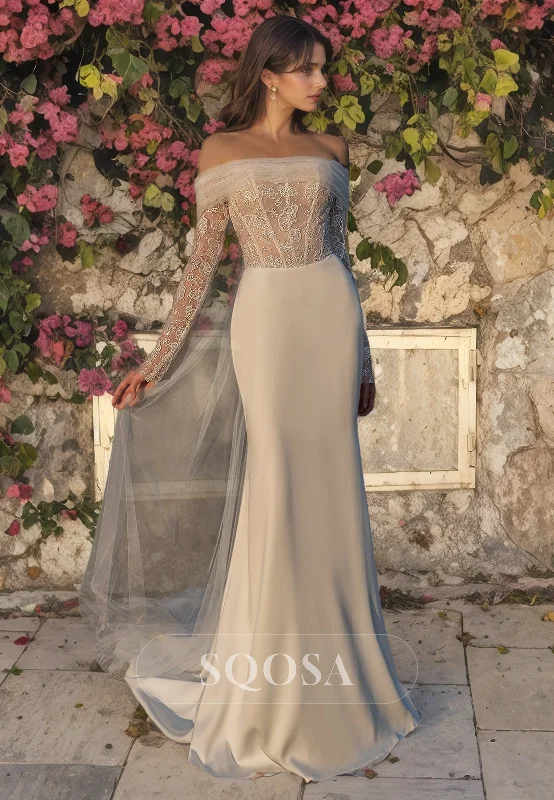 New Markdowns sleek dressTube Top Off-Shoulder Mermaid Wedding Dress Long Sleeves Bridal Dress with Sweep Train