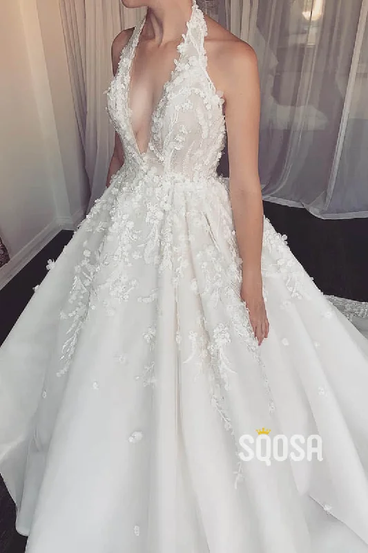 Deep Discounts summer floral dressAttractive V-neck 3D Lace Wedding Dress Bridal Gown QW2489