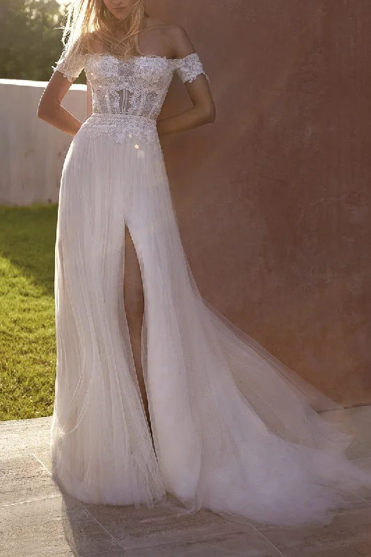 Price Buster flowy evening dressA Line Off Shoulder Lace Short Sleeves Boho Wedding Dress with Slit QW2121