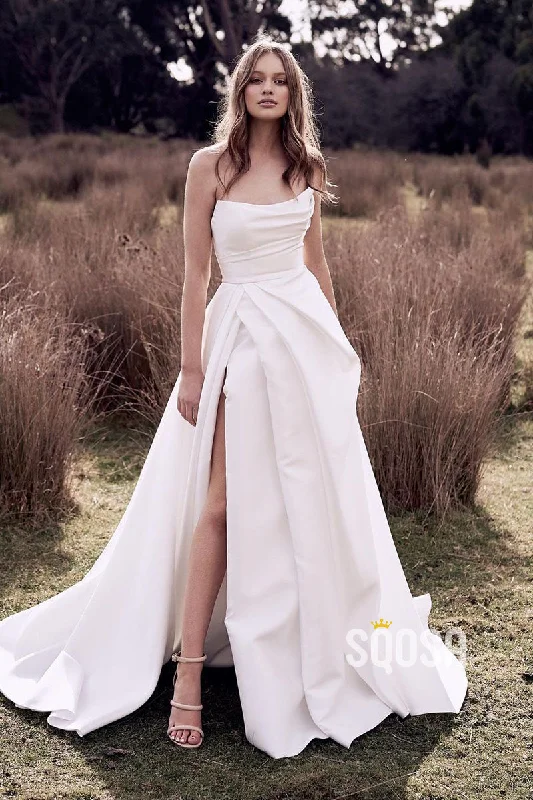 Exclusive Deal boho-chic dressStrapless Ivory Satin Pleats High Split Rustic Wedding Dress QW0931
