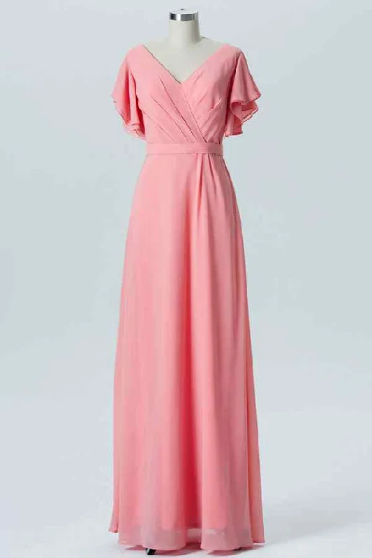 Markdowns knit dressCoral A-line Faux-Wrap Chiffon Pleated Ruffle Long Bridesmaid Dress