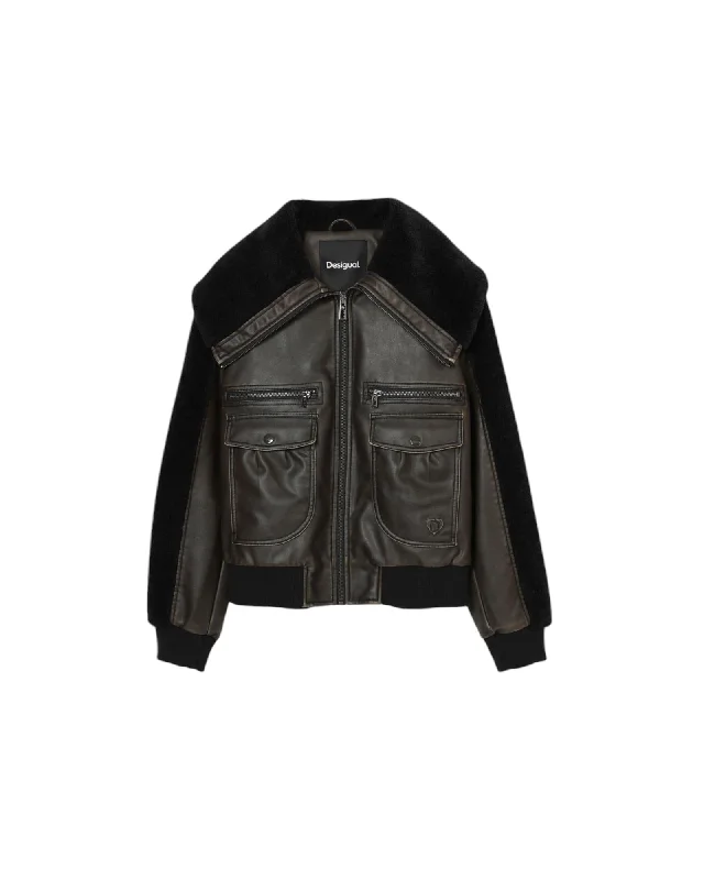 Super Sale premium coatDesigual  Womens Faux Leather Bomber Jacket with Fur Collar  Brown