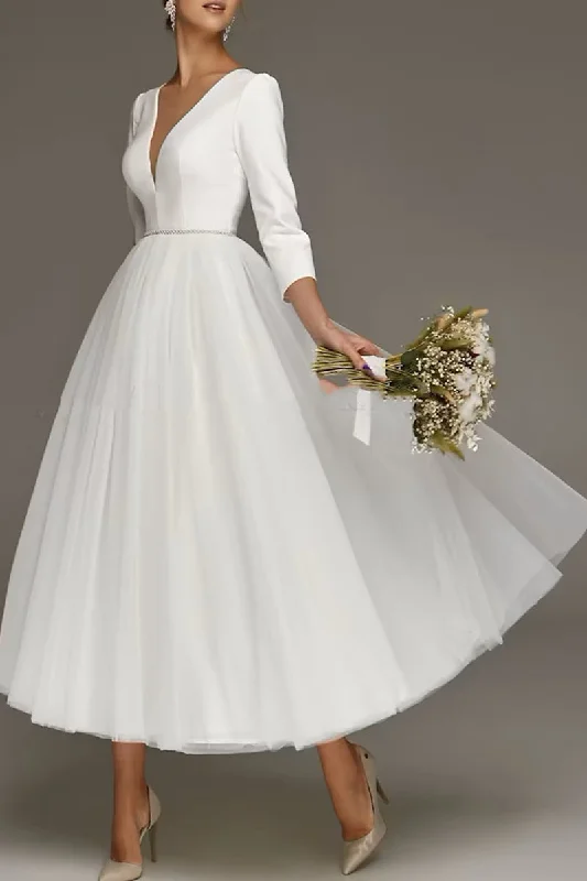 Low Prices relaxed fit dressBridal Shower Vintage 1940s / 1950s Little White Dresses Wedding Dresses Tea Length 3/4 Sleeves Bridal Gown QW2394