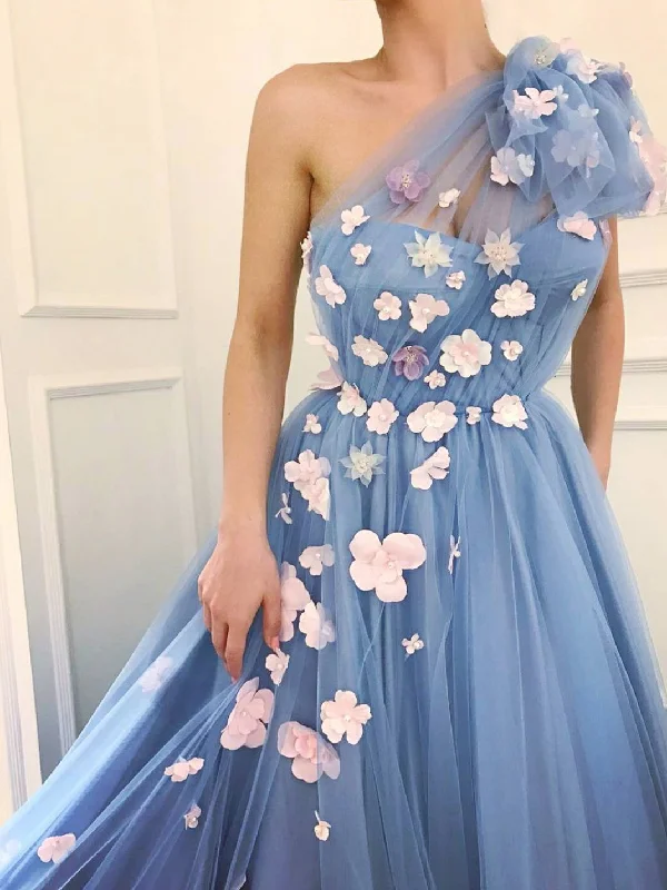 Stock Up and Save One Shoulder Prom Dresses Aline Pink Hand-Made Flower Lavender Cheap Long Prom Dress JKL1642