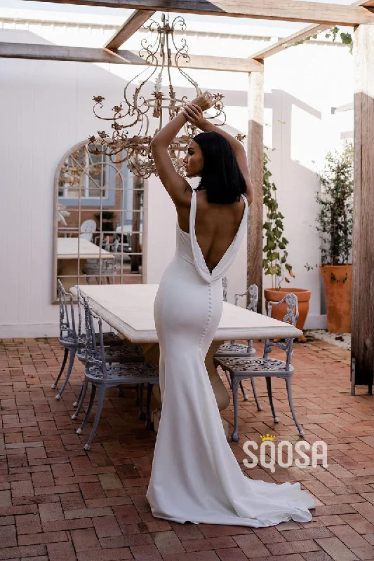 Bargain Prices romantic dressQW8006 - Sheath V-Neck Straps Satin Casual Wedding Dress White Simple Bridal Gowns