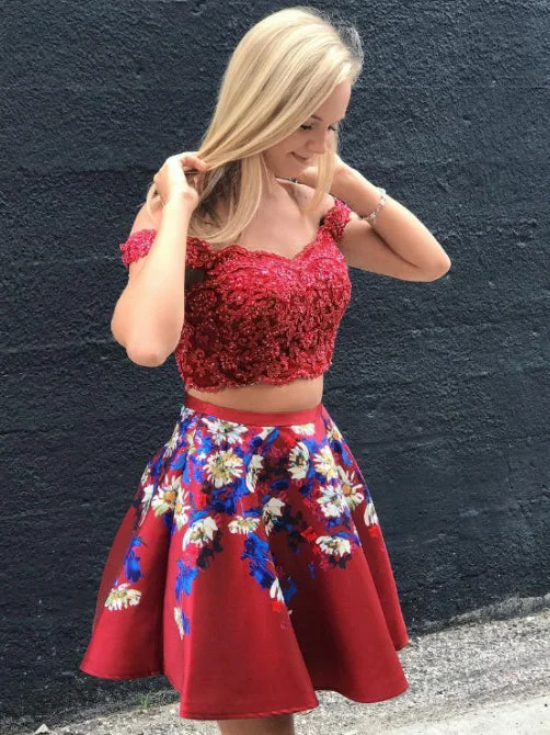 Clearance Items Two Piece Homecoming Dresses Burgundy Floral Print Short Prom Dress Party Dress JK746