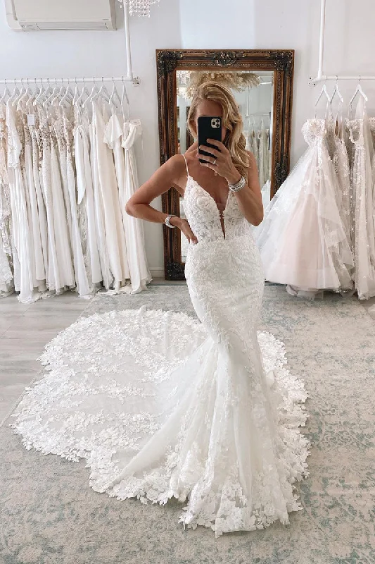Unbeatable Prices shift dressPlunging V -neck Spaghetti Straps Allover Lace Mermaid Wedding Dress QW2140