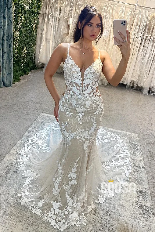 Amazing Deals midi dressSpaghetti Straps Lace Appliques Mermaid Wedding Dress QW2237