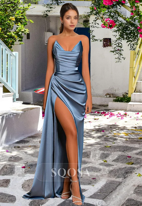 Exclusive Online Offer chic wrap dressV-Neck Off-Shoulder Sleeveless Pleated High Slit Sweep Train Satin Mermaid Prom Dress