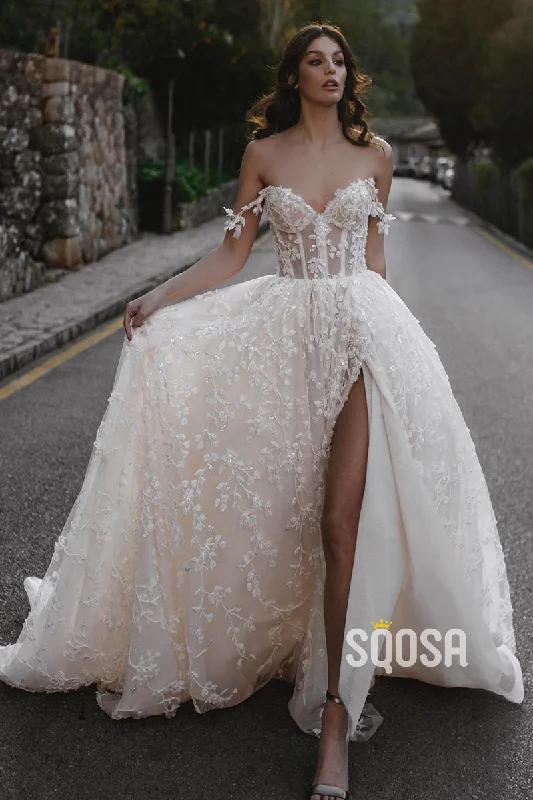 Mega Sale trendy dressA Line Off the Shoulder Romantic Lace Wedding Dress Bridal Gown QW2272