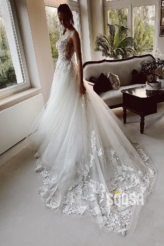 Super Bargain casual summer dressPlunging V-Neck Lace Applique A-line Rustic Wedding Dress Bridal Gown QW2114