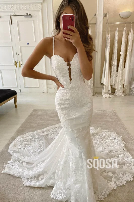 Online Only office dressMermaid/Trumpet Spaghetti Straps Lace Appliques Rustic Wedding Dress Bridal Gown QW2240