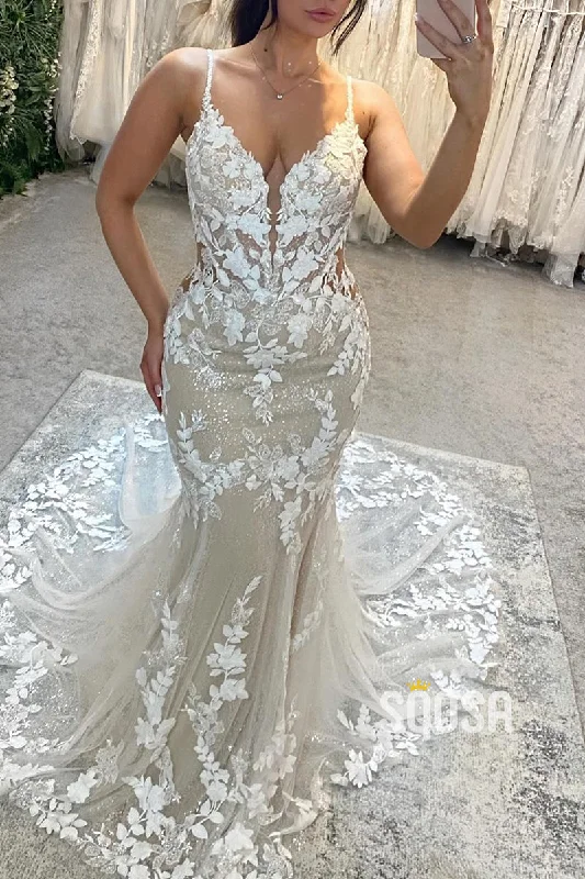 Anniversary Sale satin midi dressV-Neck Spaghetti Straps Lace Applique Sheer Trumpet Wedding Dress QW8156
