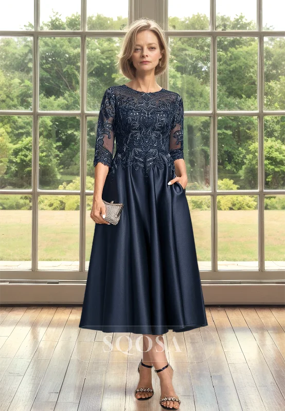 Overstock cocktail dress3/4 Sleeves Scoop-Neck Applique A-Line Mother of the Bride Dress Pleated Beaded Cutout Satin Cocktail Gowns