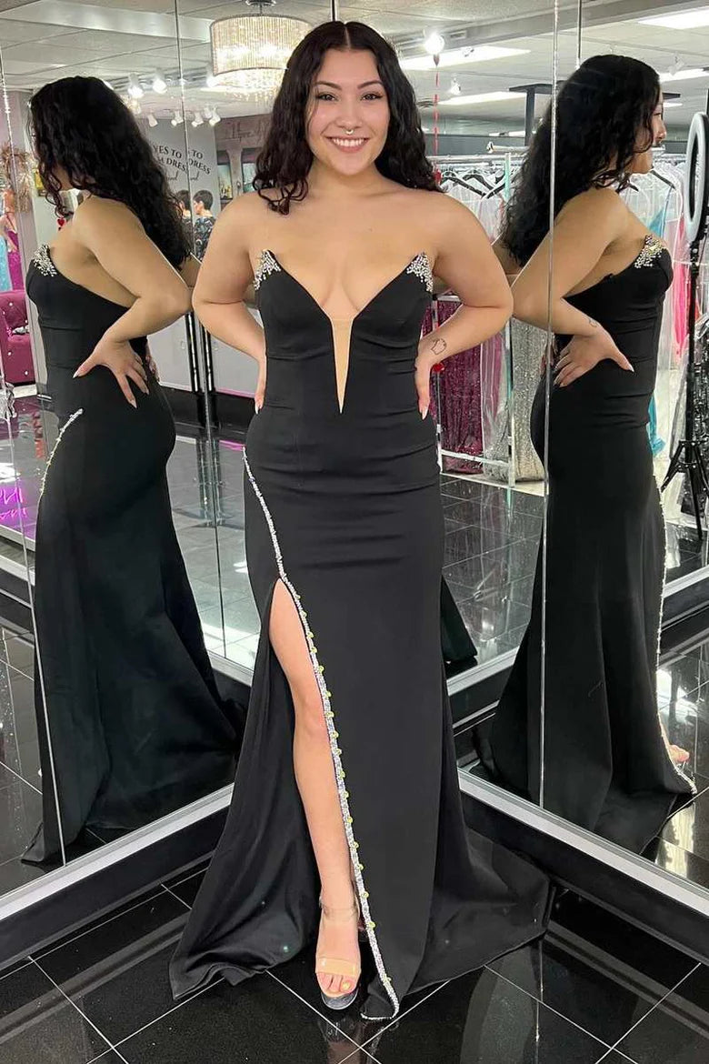 Limited Quantity elegant maxi dressV-Neck Strapless Empire With Side Slit Beaded Prom Dress