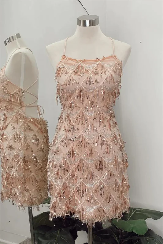 Crazy Deals casual day dressChampagne Sequin Square-Neck Geometric Tassel Homecoming Dress