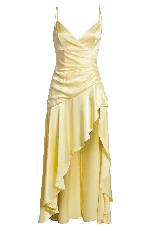 Season Finale Sale flowy evening dressYellow V Neck Ruffle Midi Dress,Fall Prom Dress Y2946