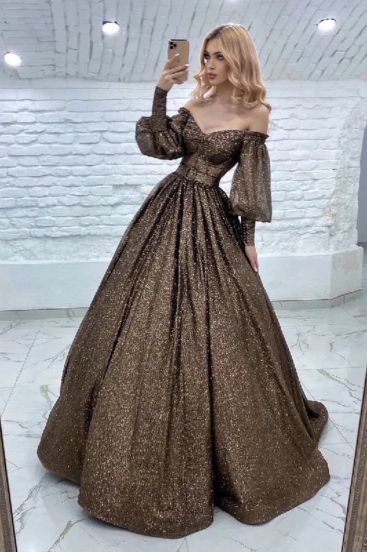 New Arrival casual midi dressA-line Off the Shoulder Long Sleeves Prom Dress Glitter QP0826