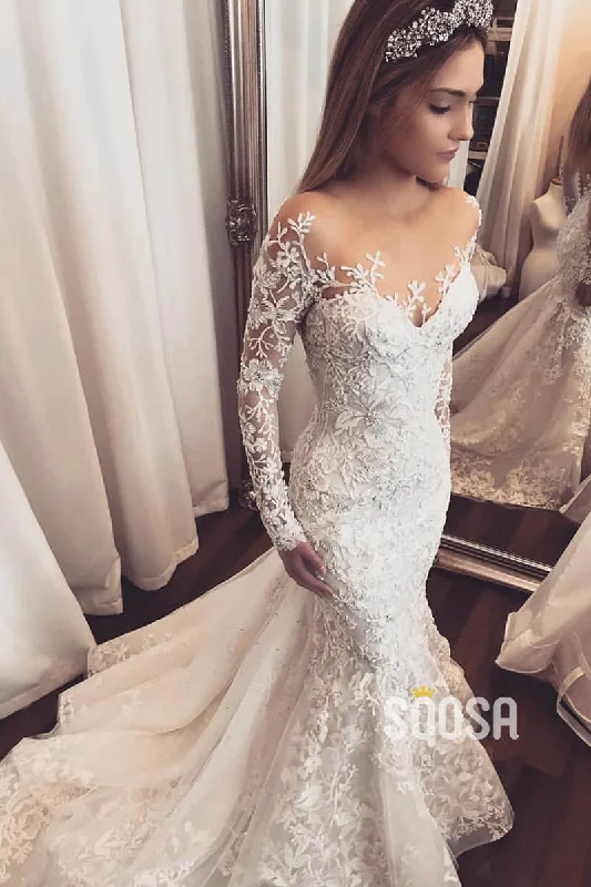 New Arrival tiered dressUnique Illusion Neckline Long Sleeves Luxury Lace Wedding Dress Mermaid Gown QW2506